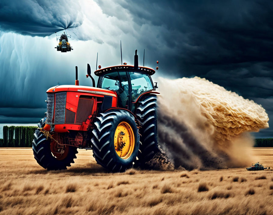 Red tractor plowing dusty field under stormy sky with hovering drone