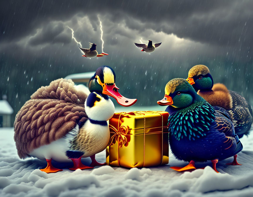 Vibrant animated ducks around golden gift box in snowy storm.