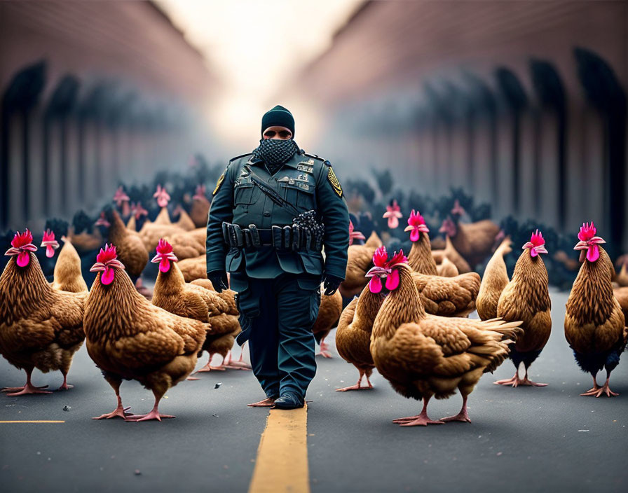 Person in tactical gear with large chickens in moody setting