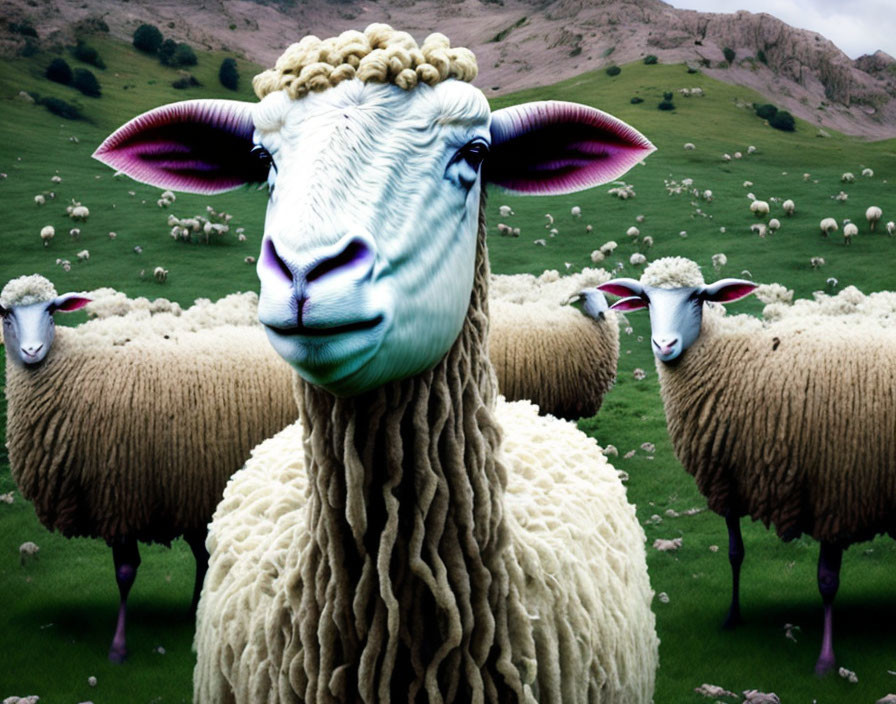 Sheep grazing on grassy hillside under cloudy sky