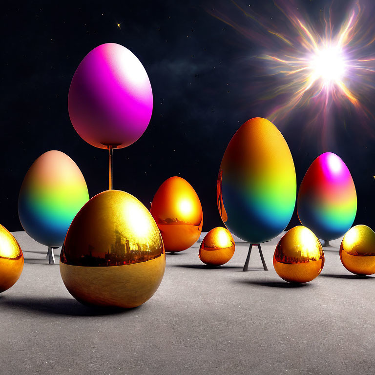 Vibrant glossy eggs in different sizes on gray surface under starry sky