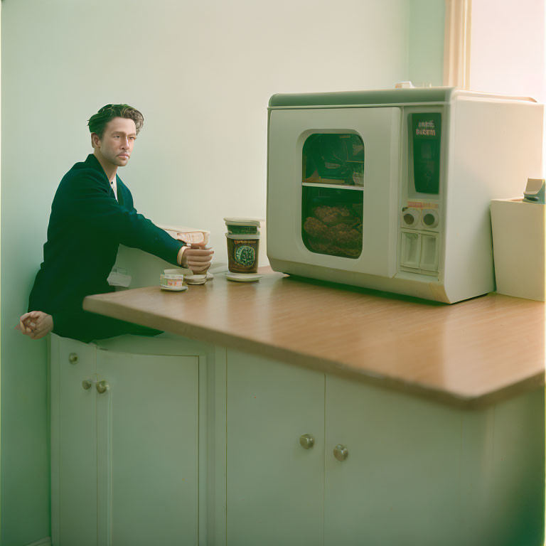 Man in dark suit with coffee and cookies baking in microwave.