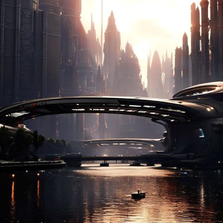 Futuristic cityscape with skyscrapers, bridge, boat, and dusky sky