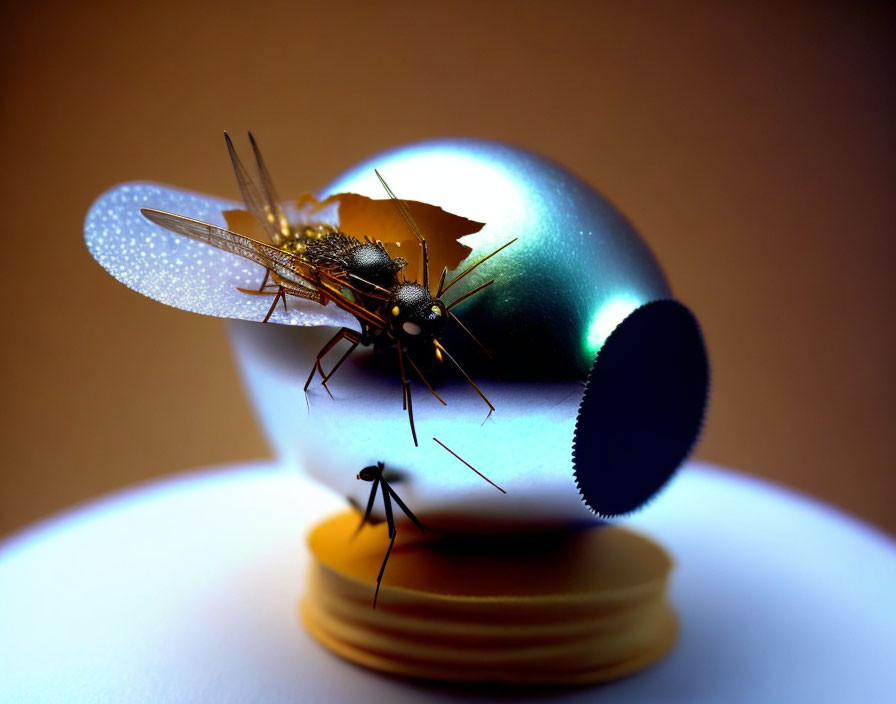 Metallic-blue egg with mosquito sculpture on beige stand against tan background