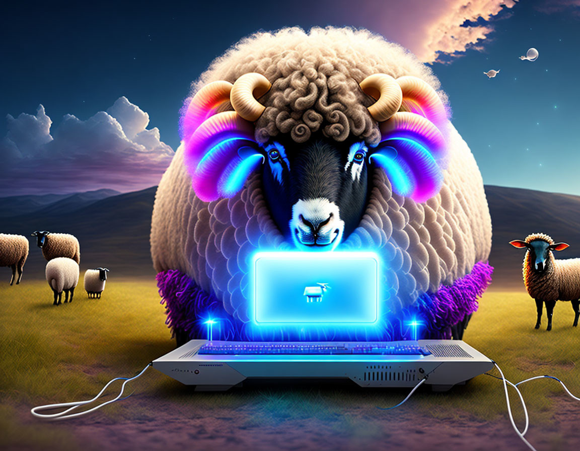 Surreal image: Sheep with glowing horns linked to laptop on grassy field