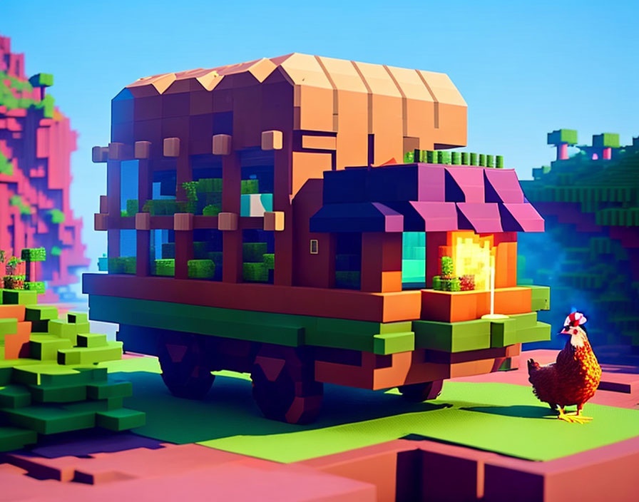 Colorful Voxel Art: Digital chicken and mobile treehouse in pixelated landscape