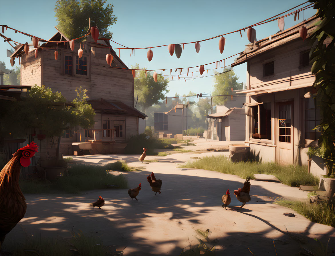 Traditional village scene with chickens, dusty road, and festive lanterns