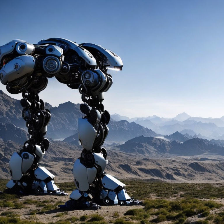 Giant futuristic robot in desert landscape with interconnected car design