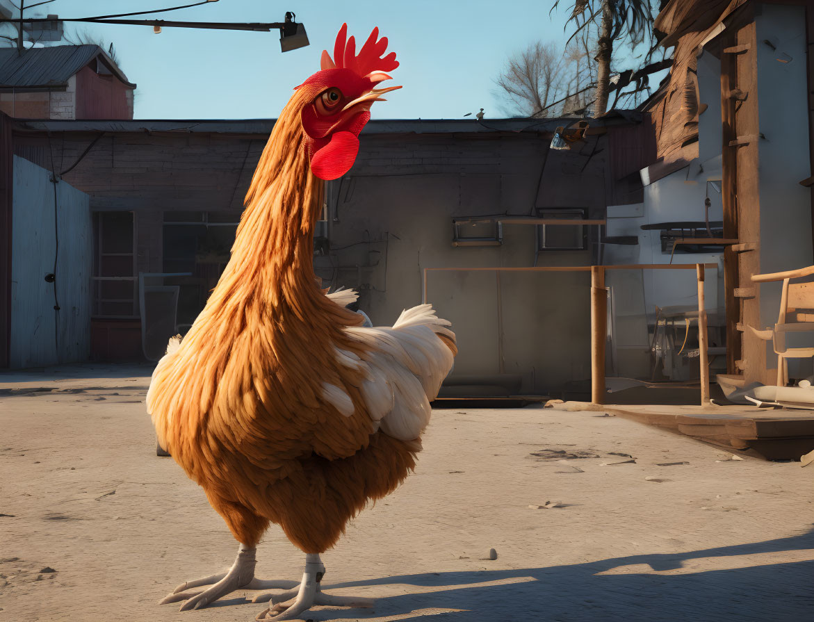 Rooster in farmyard with henhouse and sunlight shadows