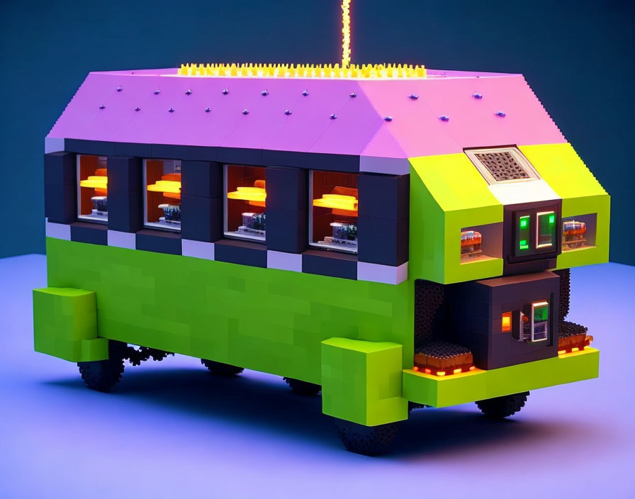 Colorful Toy Bus with Pink Roof and Green Body on Blue Background