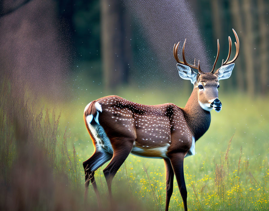 Spotted deer with impressive antlers in lush field