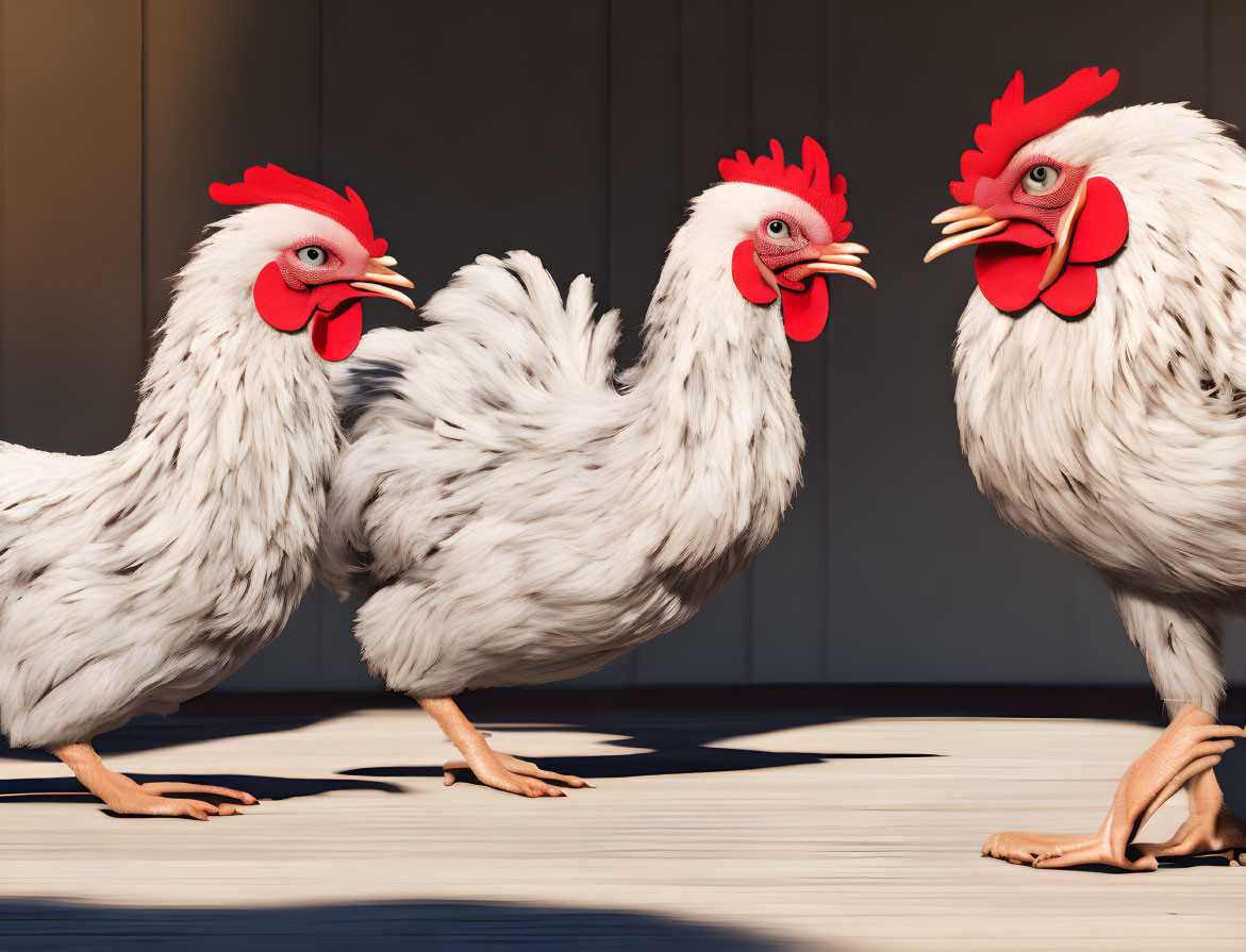 Three animated chickens with human-like legs on wooden floor in dark background