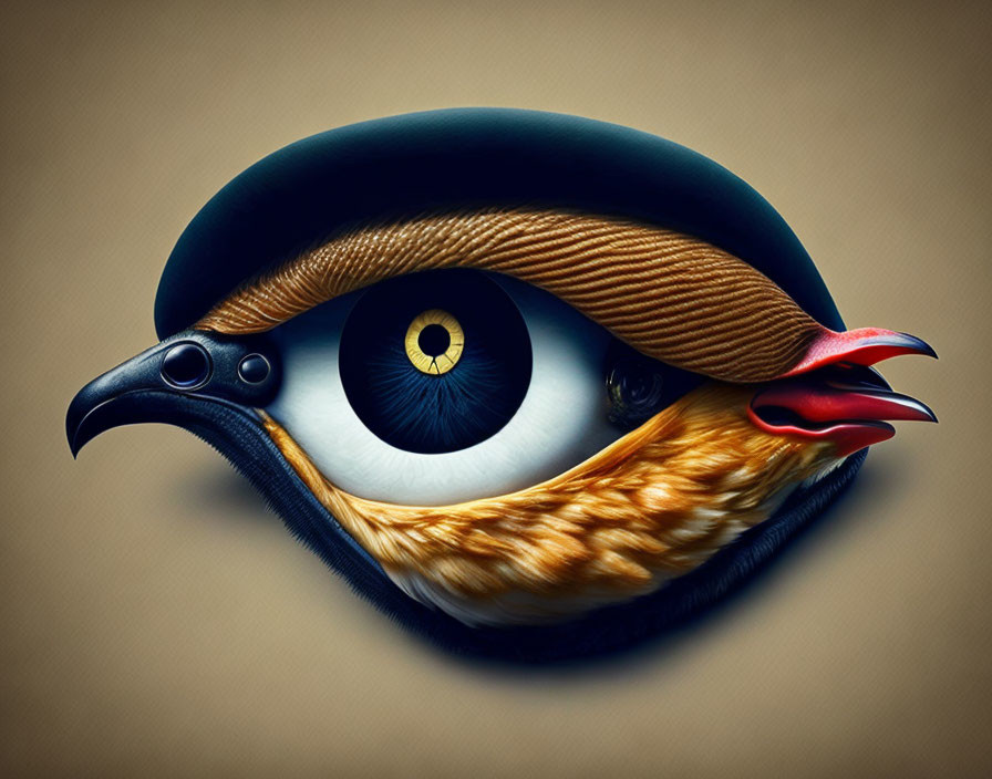 Surreal eye transformed into bird with beak and feathers on tan background