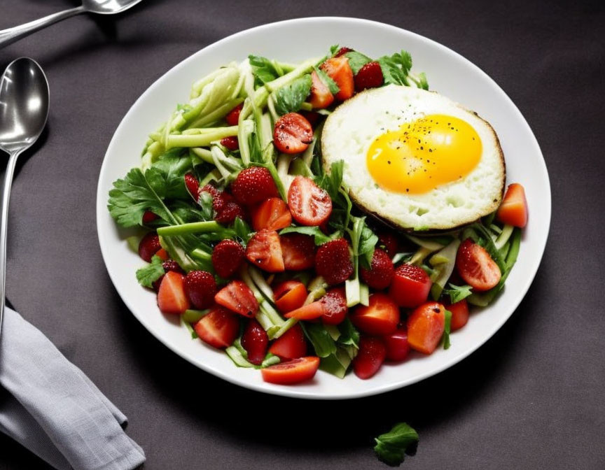 Nutritious Meal: Sunny Side Up Egg, Strawberries, Greens & Asparagus on Dark Table