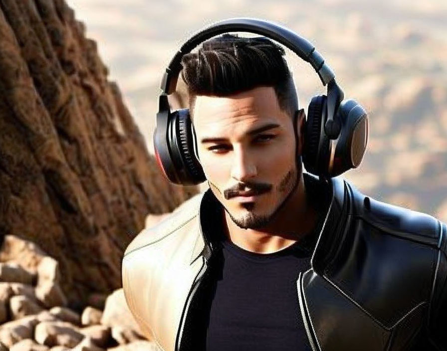 Bearded man in headphones and black jacket against rocky backdrop