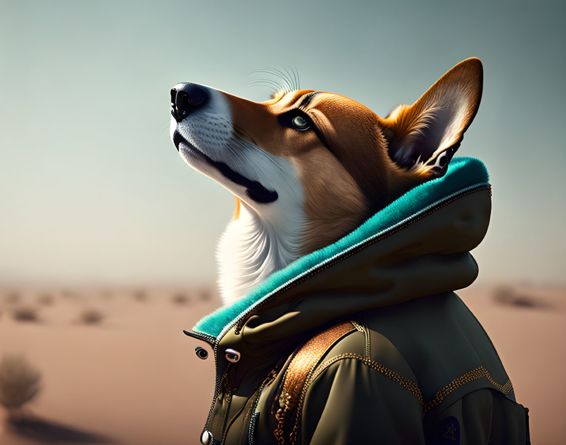 Corgi Dog in Jacket and Backpack with Desert Landscape