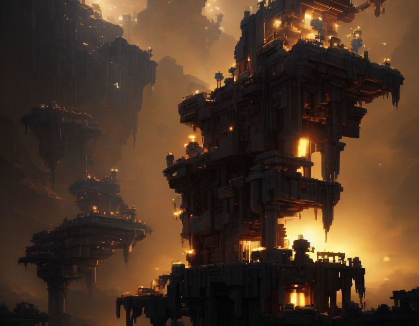 Sci-fi structure with illuminated windows and floating platforms in a golden-lit haze