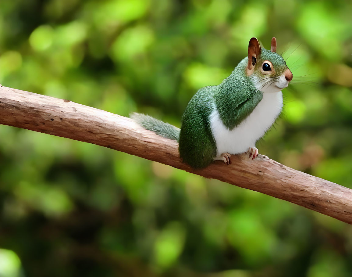 Green-furred squirrel on diagonal tree branch in forest.