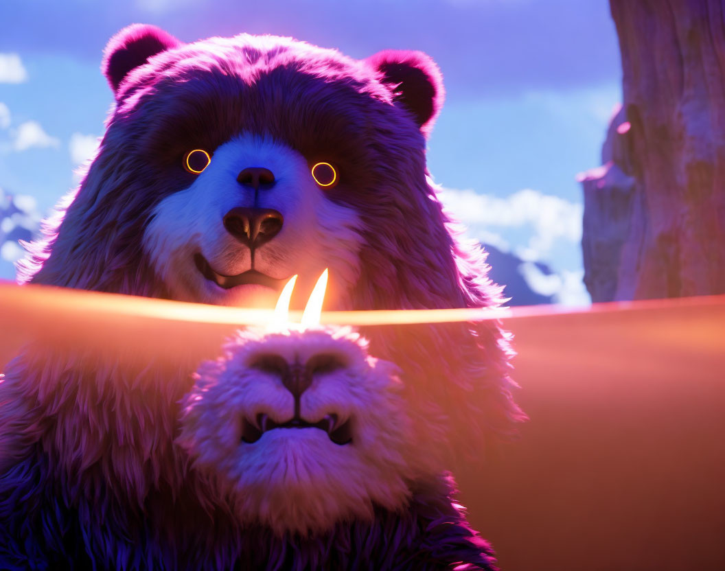 Stylized animated bear with glowing eyes holding lightsaber at twilight