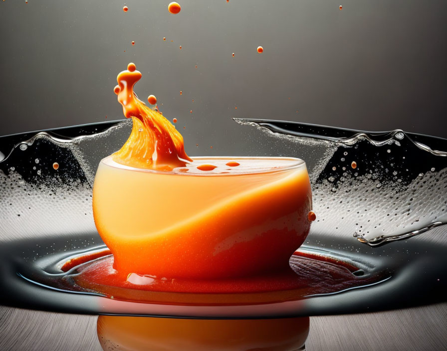 Orange Liquid Splashing in White Bowl on Grey Background