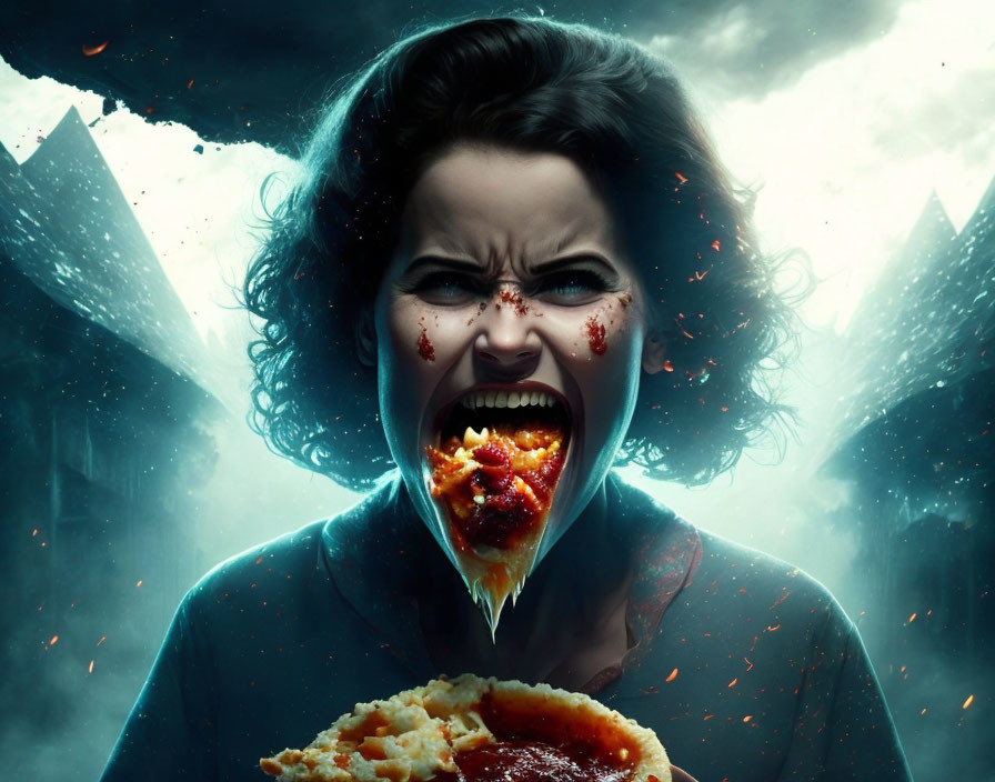 Monstrous mouth with sharp teeth screaming, holding pizza slice in stormy backdrop