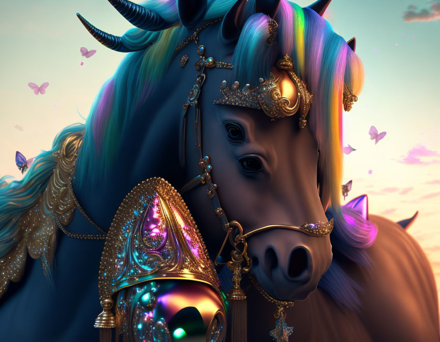 Colorful Unicorn in Ornate Golden Armor with Butterflies on Dreamy Background