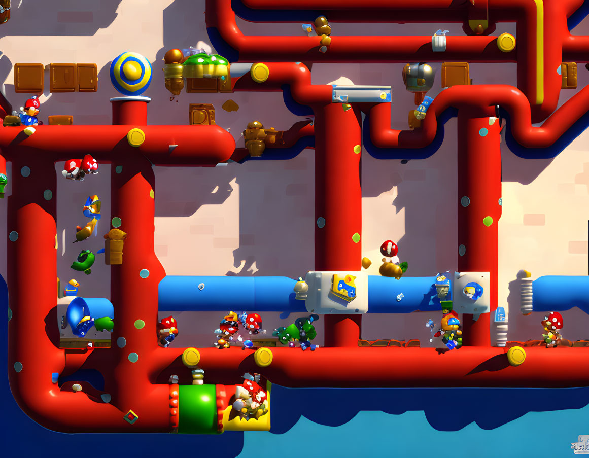 Vibrant digital artwork: Red pipe network with Mario characters & obstacles