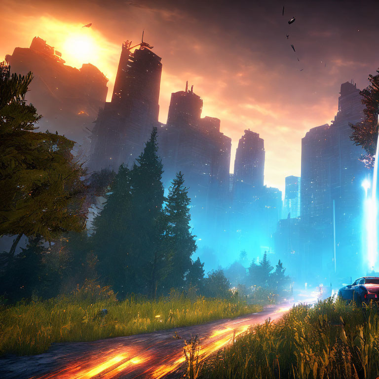 Sunset overgrown futuristic city with abandoned cars and blue light beam