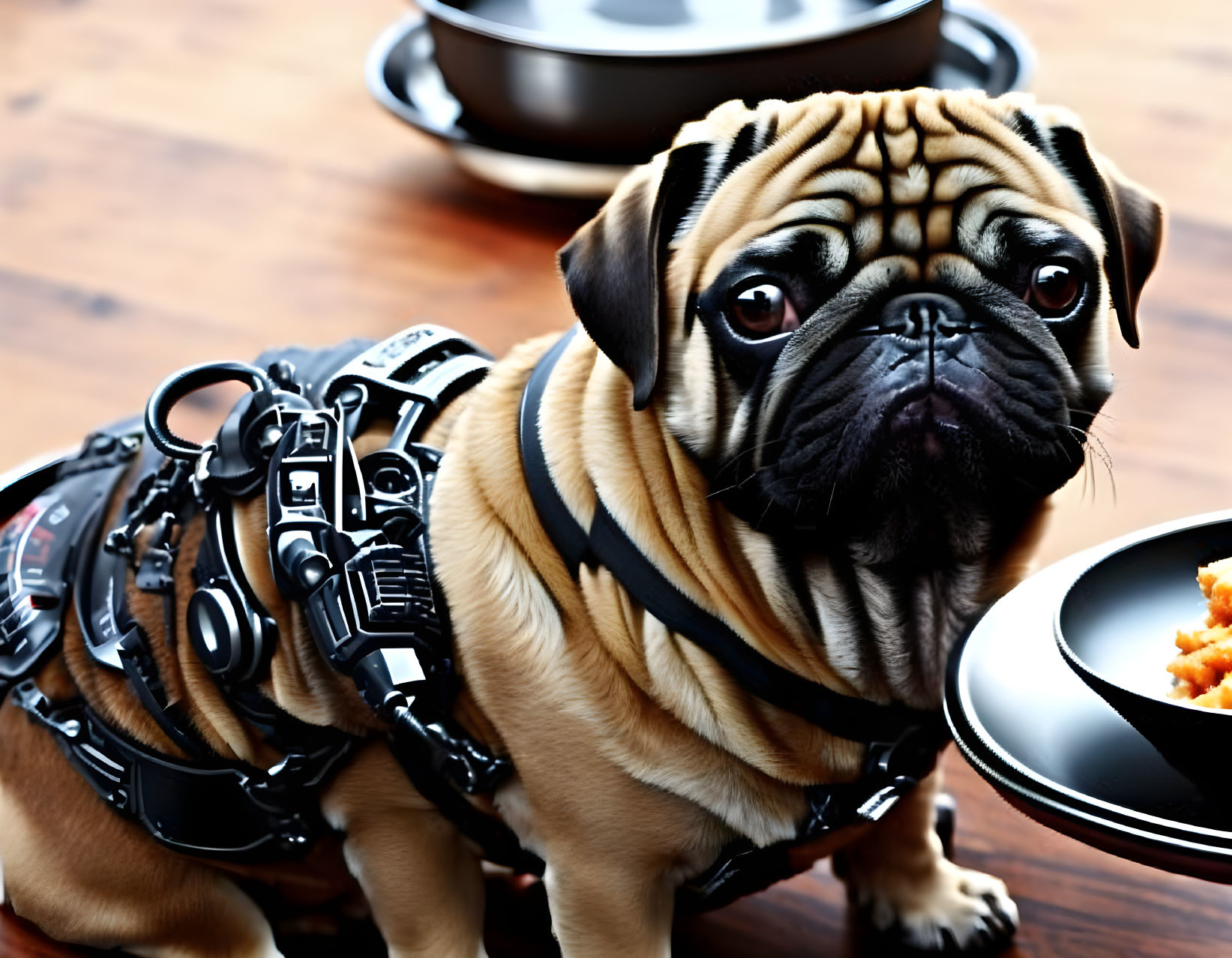 Pug in intricate harness beside two bowls on wooden surface