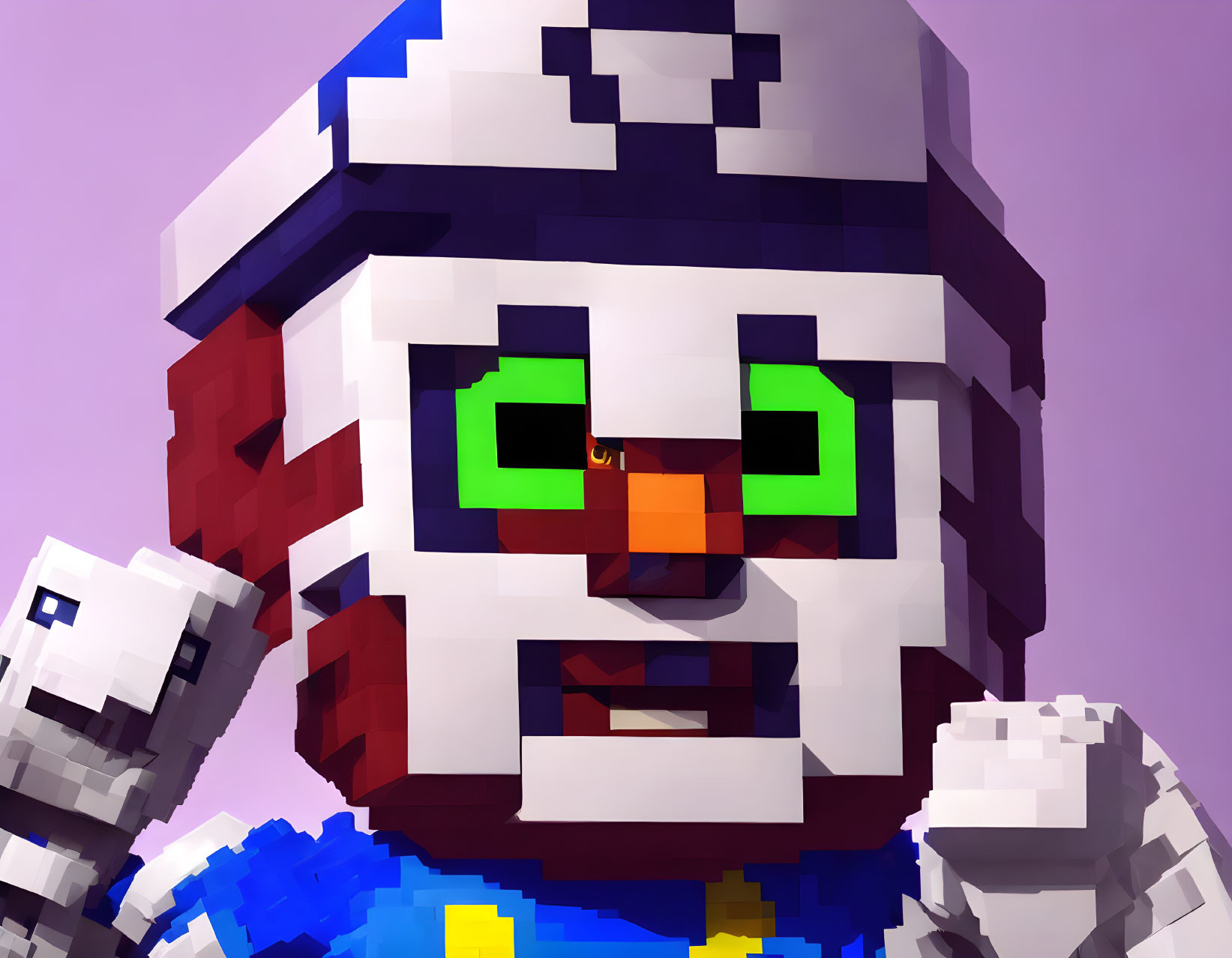 Detailed close-up of pixelated 3D character with green eyes and colorful outfit