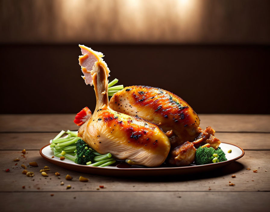 Roasted Chicken Plate with Vegetables and Herbs on Wooden Background