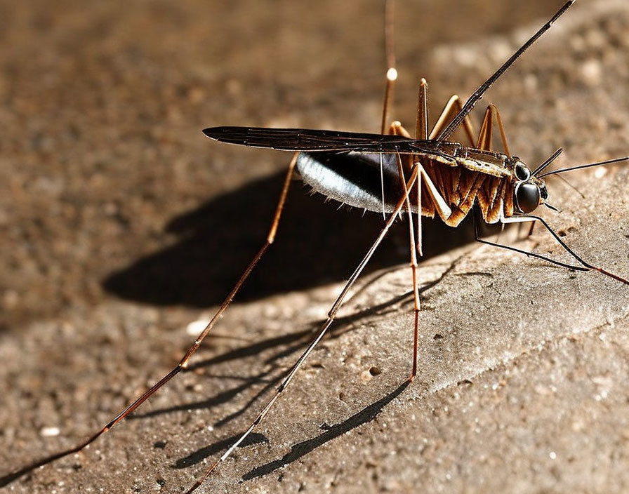 Macro shot of mosquito with long legs and proboscis on textured surface