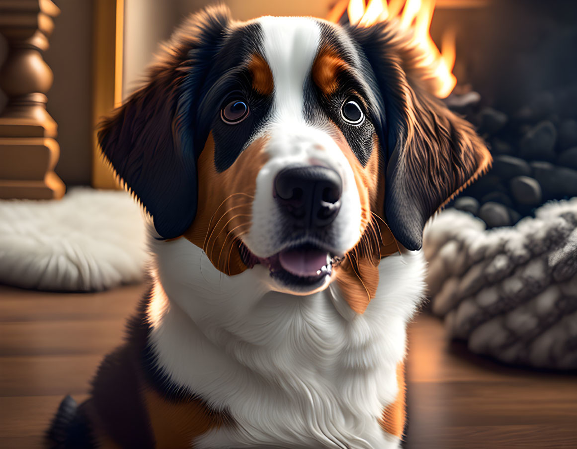 Bernese Mountain Dog with expressive eyes near cozy fireplace