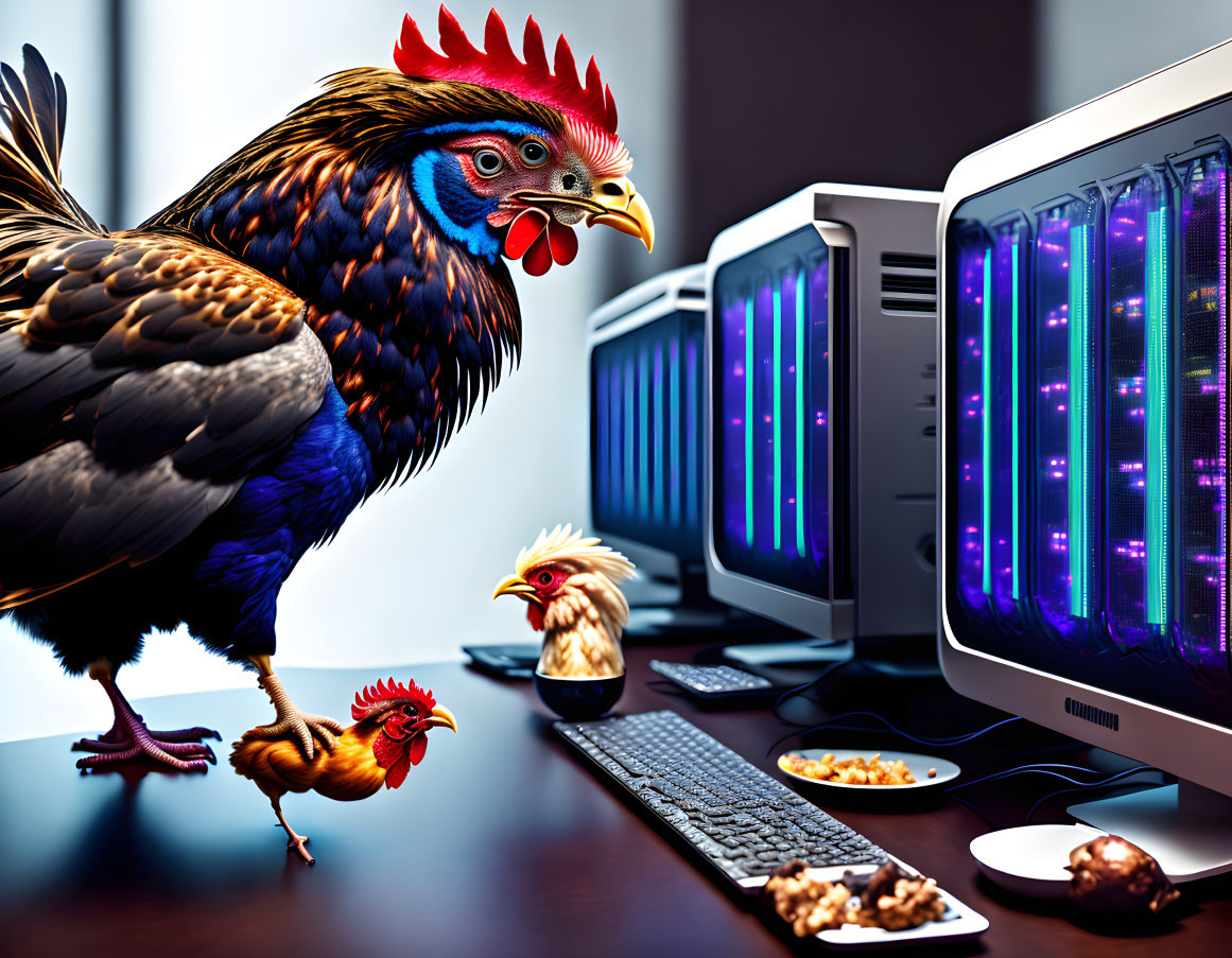 Vibrant rooster and chick in surreal scene with oversized computer hardware and snacks