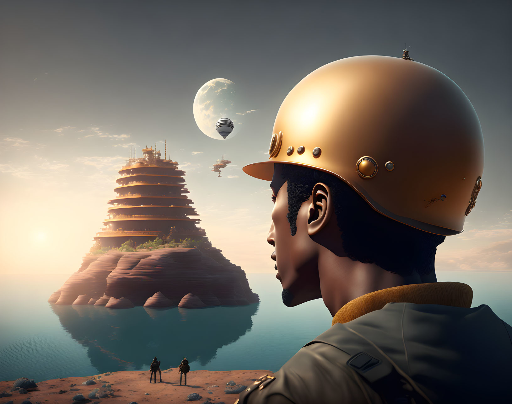 Futuristic helmet wearer gazes at distant tower on island with hot air balloon and two moons in