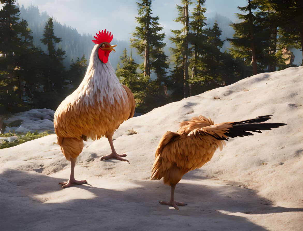 Stylized image: Two chickens on sandy hill with forest background