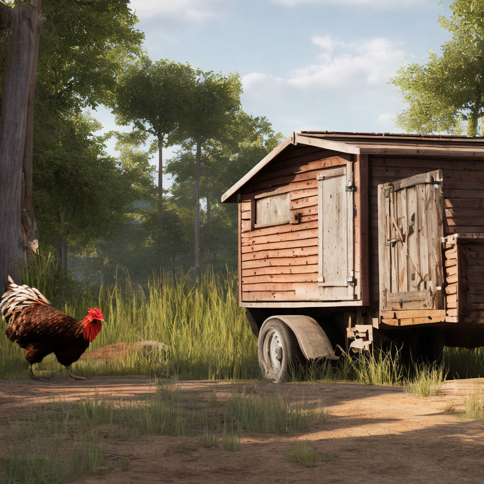 Rooster in front of rustic chicken coop in grassy field