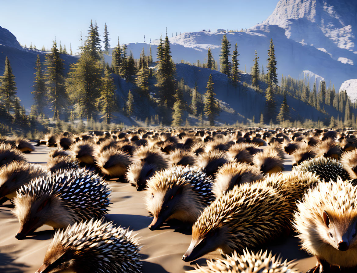 Group of Hedgehogs in Sunlit Forest with Pine Trees & Mountain