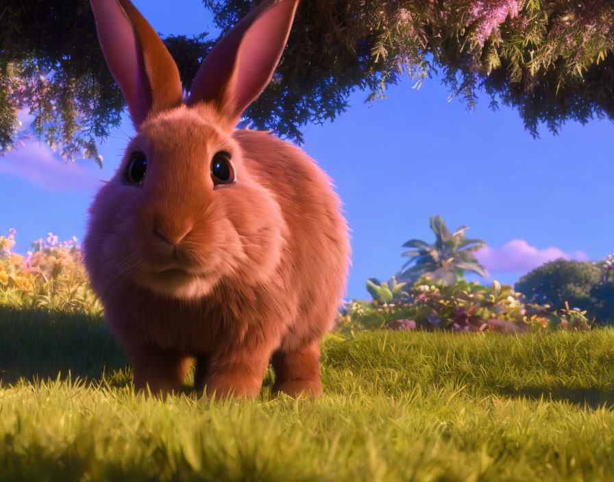 Animated rabbit in lush garden with vibrant flowers