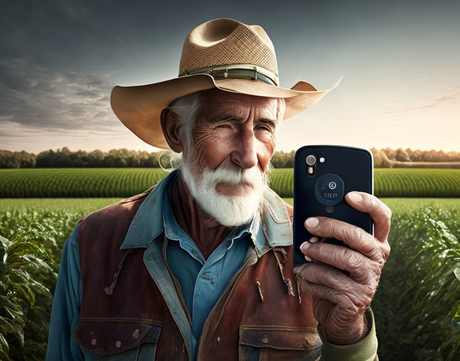 Elderly Cowboy in Denim Shirt with Smartphone at Dusk