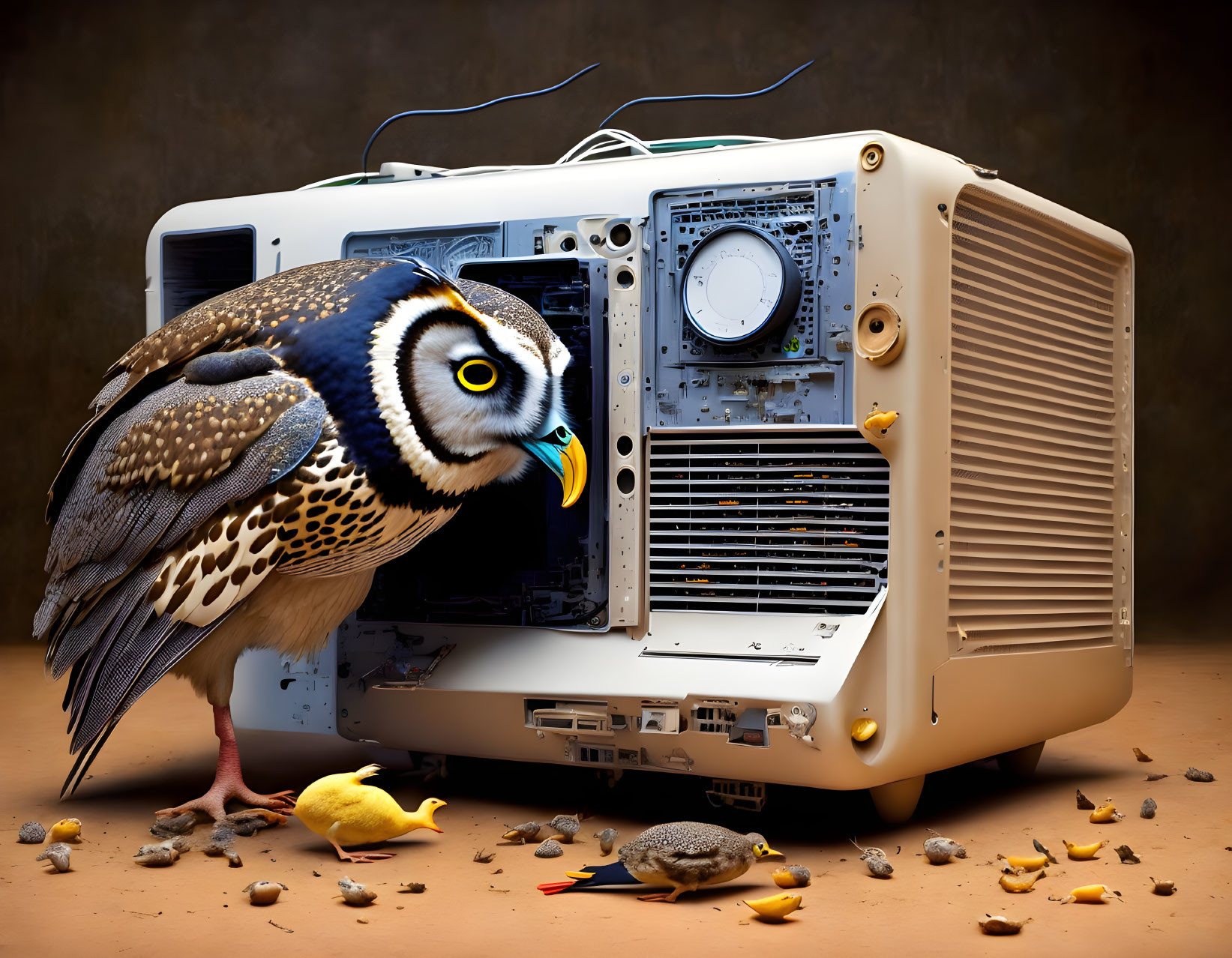 Large owl with over-sized eyes in vintage microwave with small items and food scraps.