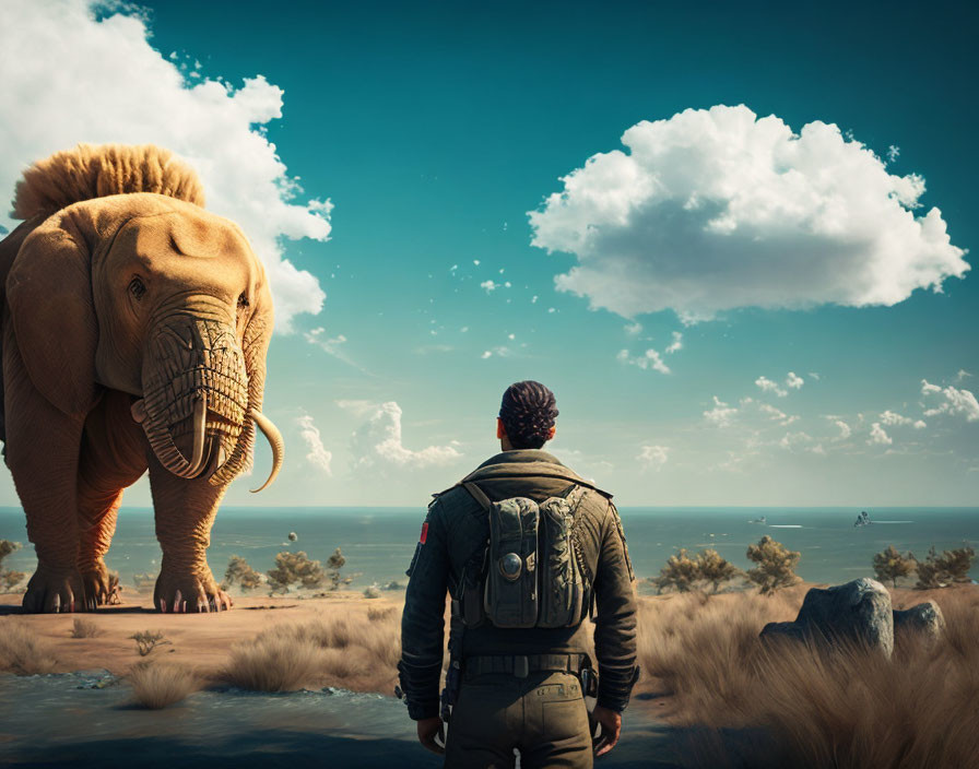 Backpacker observing giant elephant by calm sea