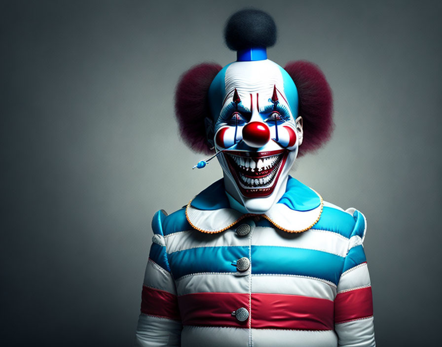 Menacing clown with sharp teeth and red nose in colorful outfit