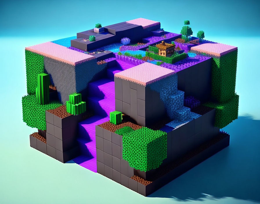 Imaginary floating island voxel art with layers, trees, waterfalls, and bridges