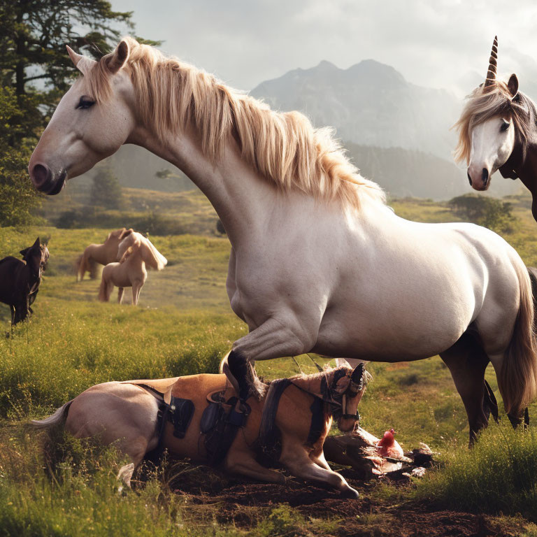 White horse standing over brown pony in misty mountain landscape with unicorn.