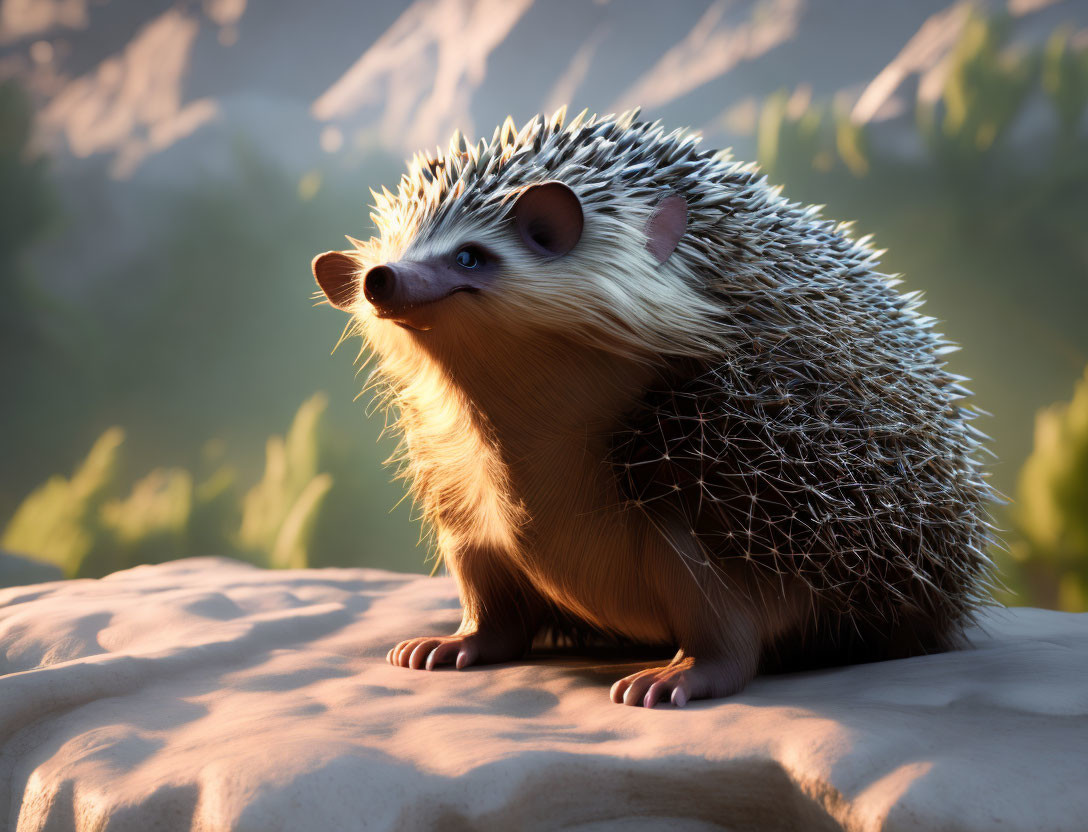 3D-rendered hedgehog on rock in warm sunlight with mountain background