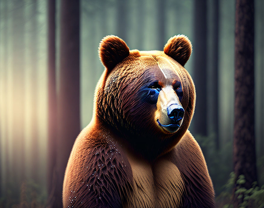 Realistic digital illustration of contemplative brown bear in misty forest