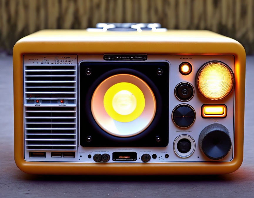 Vintage Orange Boombox with Illuminated Speakers on Blurred Background