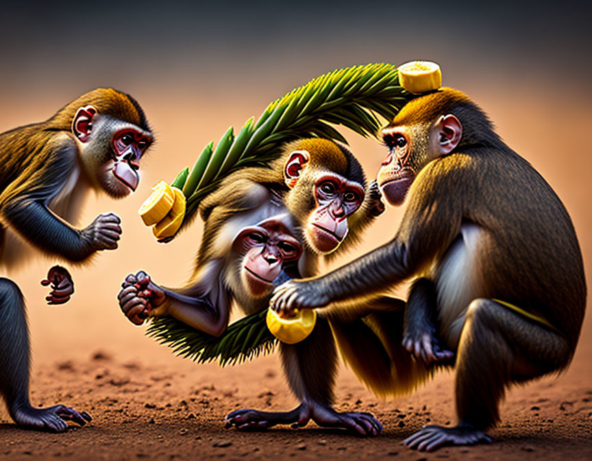 Four Monkeys Trading Fruits and Hats in Warm Setting