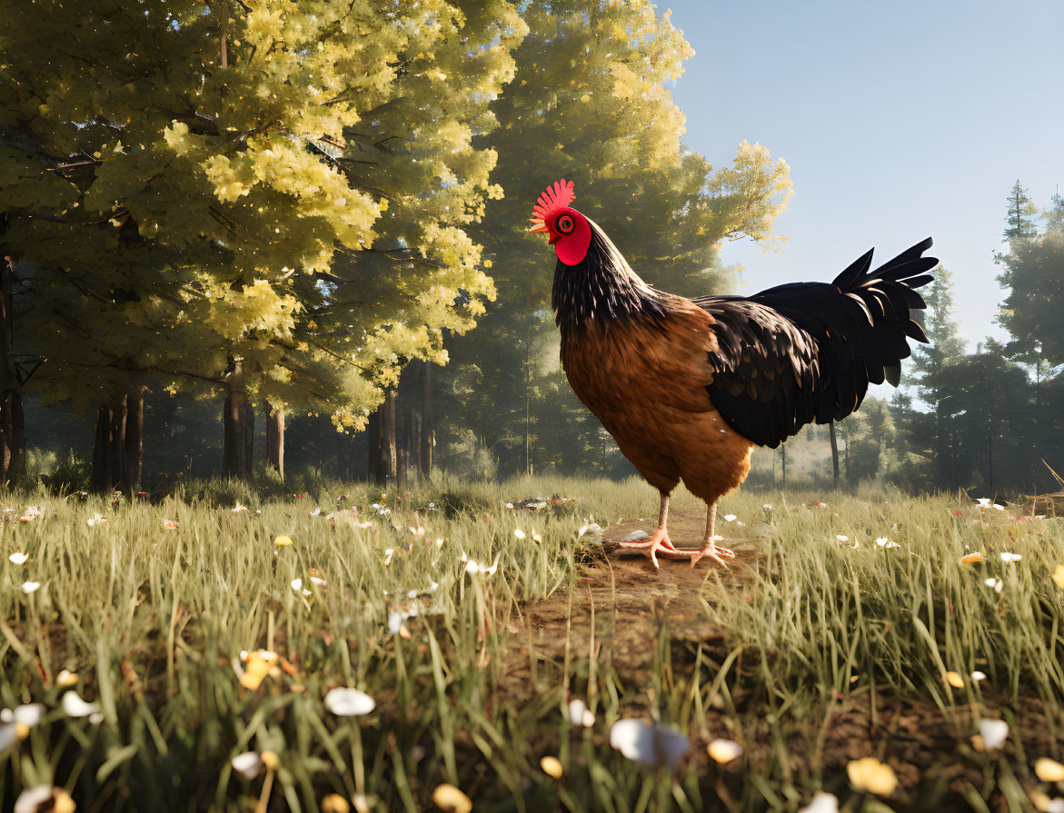 Rooster in Field with Daisies and Forest Background